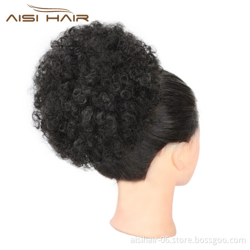 Aisi Hair Cheap Fluffy Curly Synthetic Hair Bun Color 2# Ponytail Puff Afro Short Curly Chignon Hair Extension For Black Women